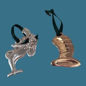 Lot of 2 dr.seuss cat in the hat silver & gold plated christmas ornaments